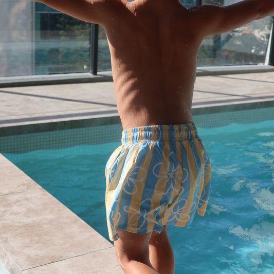 blue yellow stripe floral swim short