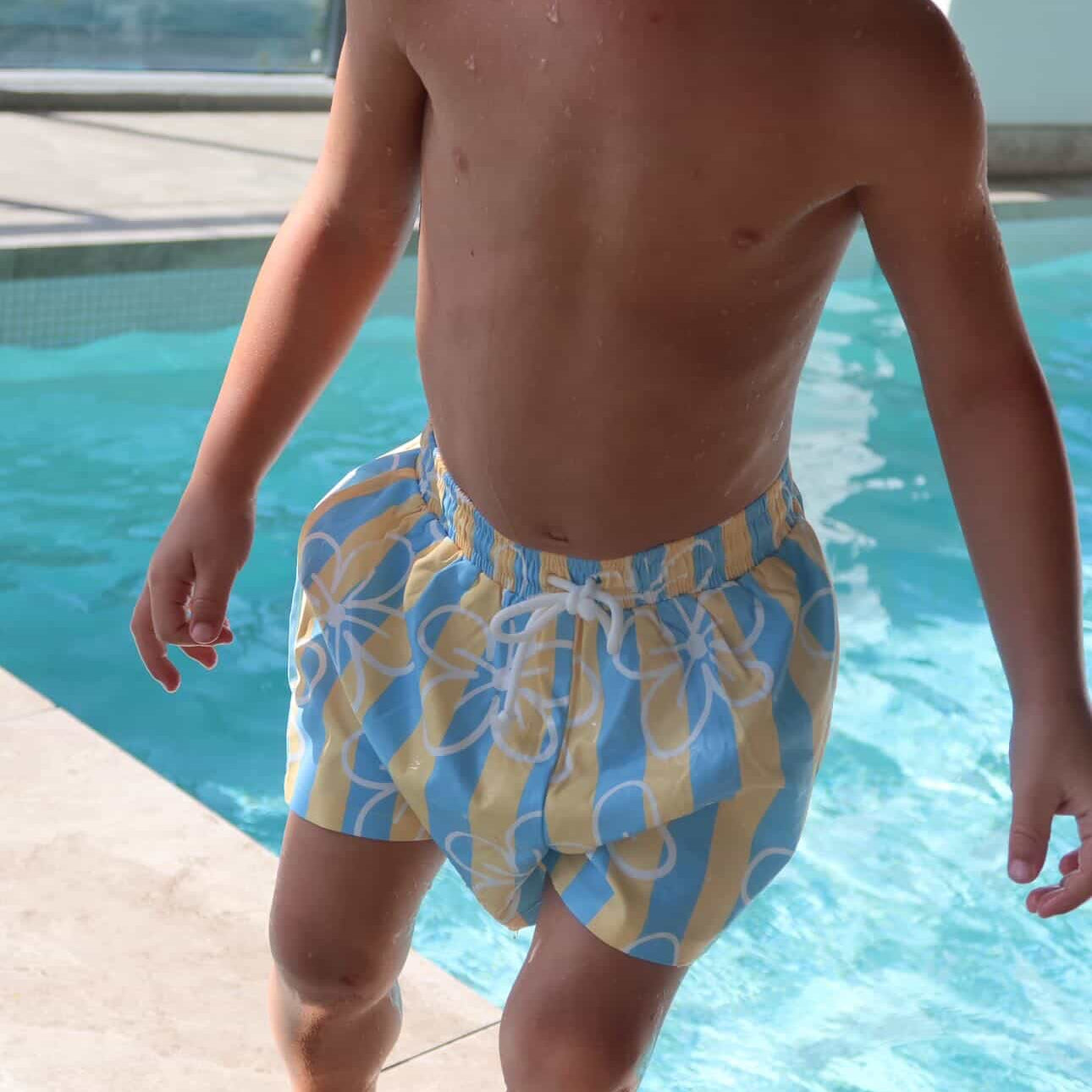 blue yellow stripe floral swim short