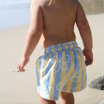 blue yellow stripe floral swim short