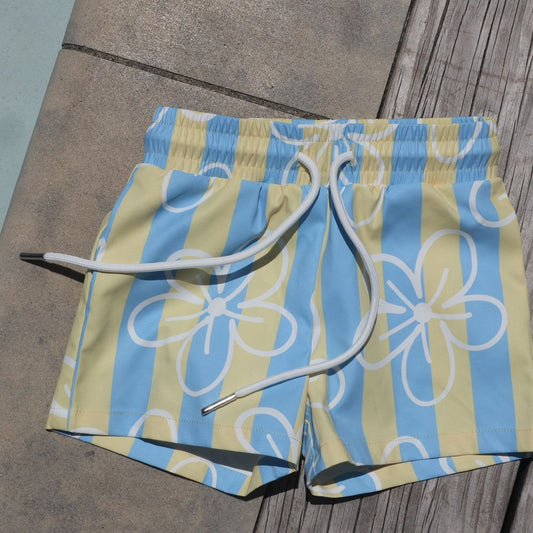 blue yellow stripe floral swim short