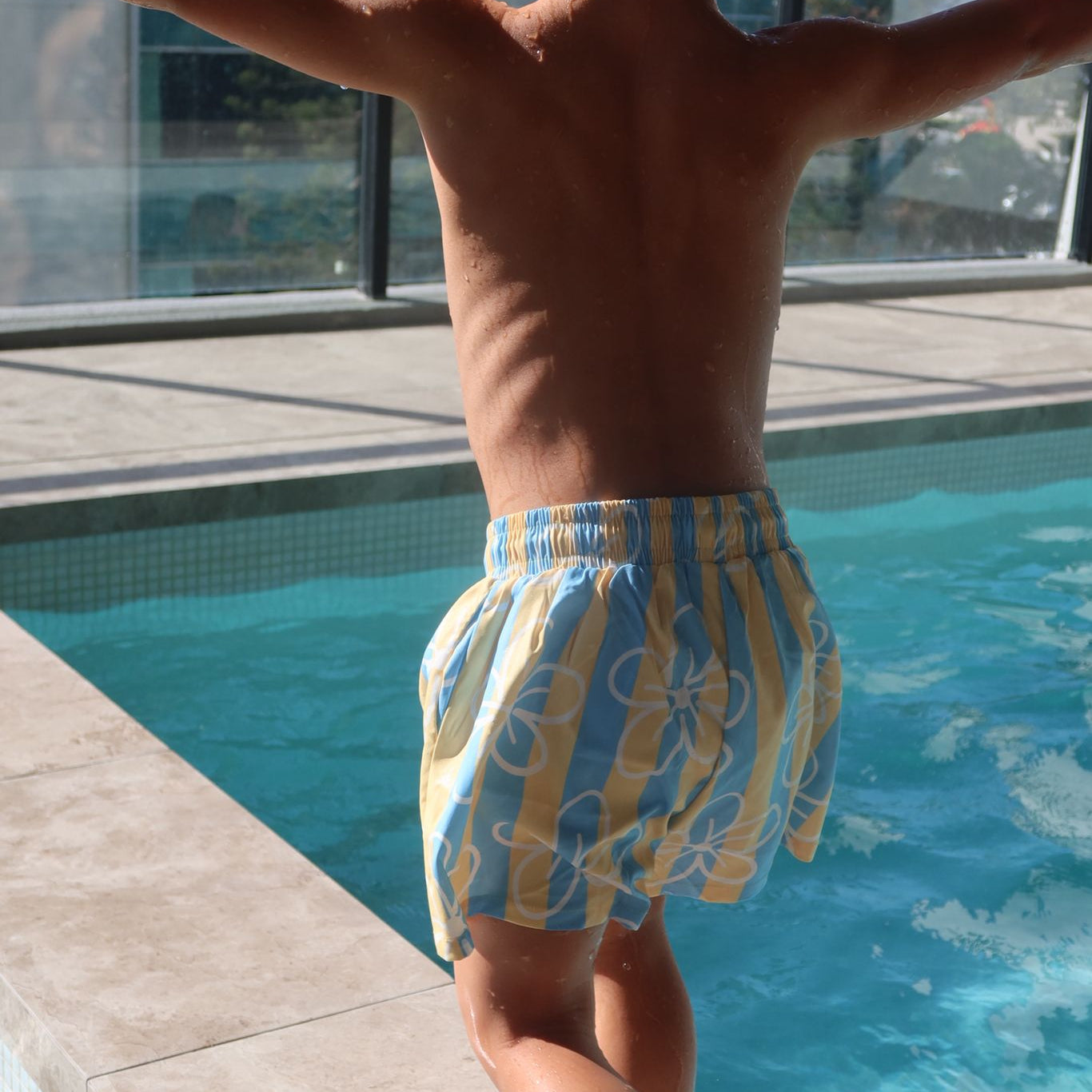 blue yellow stripe floral swim short